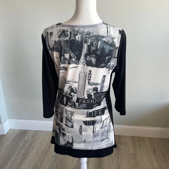 Y2K Newspaper Print Black & White Tunic Top McBling NYC Reputation Taylor Swift - Picture 4 of 8